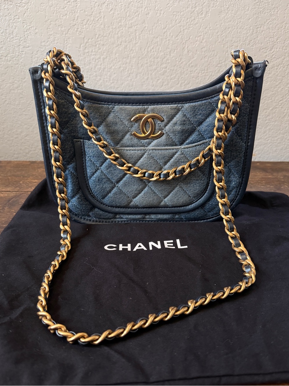 Chanel 24S Hobo Bag Chain Shoulder Bag Denim Blue Gold Hardware